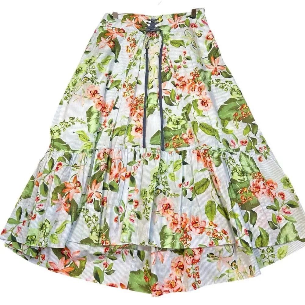Tommy Hilfiger Blue Pinstripe Floral Print Waist Lace Up Ruffle Hem Midi Skirt